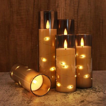 Flickering Flameless LED Candles 5 Pcs with Embedded Star String Acrylic Pillar Candle with Remote Suitable for Home Decrotion