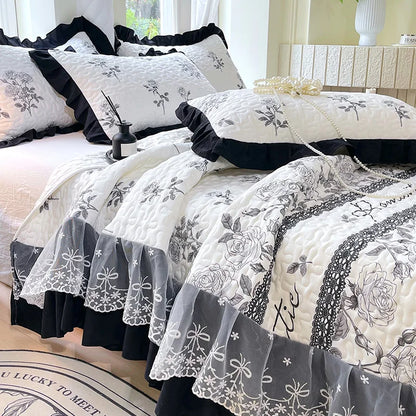1pc Quilted Bedspread for Beds Thick Blanket with Lace Single/Queen/King Size Flower Printed Quilted Bed Cover Soft Bedspreads