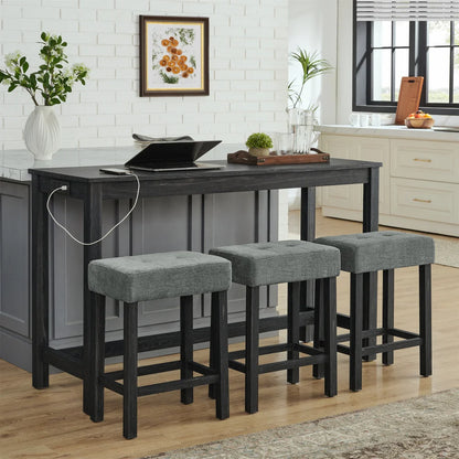 59 Inch Bar Table w/Power Outlet,3 Upholstered Stools,4-Piece Set for Living/Dining/Kitchen