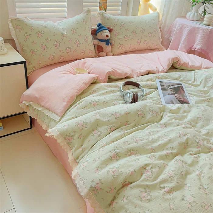 New printed Class A wrinkled yarn double-layer yarn cotton lace four-piece set dormitory bed sheet kit