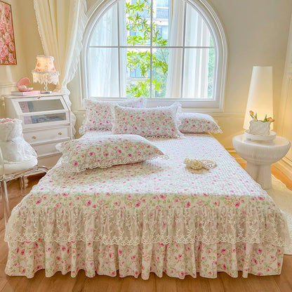 Princess 1 Piece Lace Bed Skirt + 2 Piece Pillowcases Bedding Bedspreads Sheet Pink Lace Bedding Set Bed For Girl Bed Cover