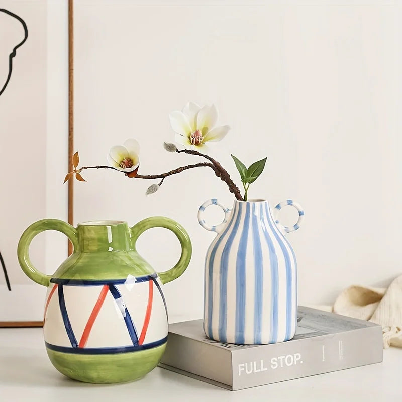 Decorative OrnamentsHand-Painted Ceramic Vase with Dual Handles - Striped, Cylinder Design for Living Room Decor, Earthenware