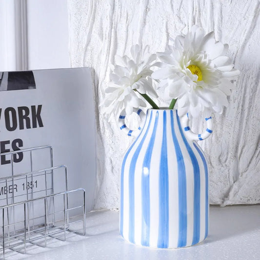 Nordic Ins Style Striped Double Ear Ceramic Vase Hydroponic Flower Planter Ornament