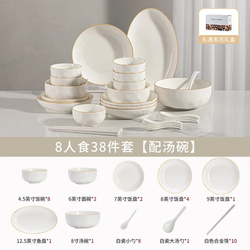 korean style white plates dinner sets ceramic gold rim 8 person dinner sets full set Casserole vajillas completa Bowl set