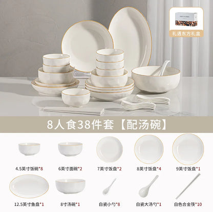 korean style white plates dinner sets ceramic gold rim 8 person dinner sets full set Casserole vajillas completa Bowl set
