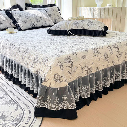 1pc Quilted Bedspread for Beds Thick Blanket with Lace Single/Queen/King Size Flower Printed Quilted Bed Cover Soft Bedspreads