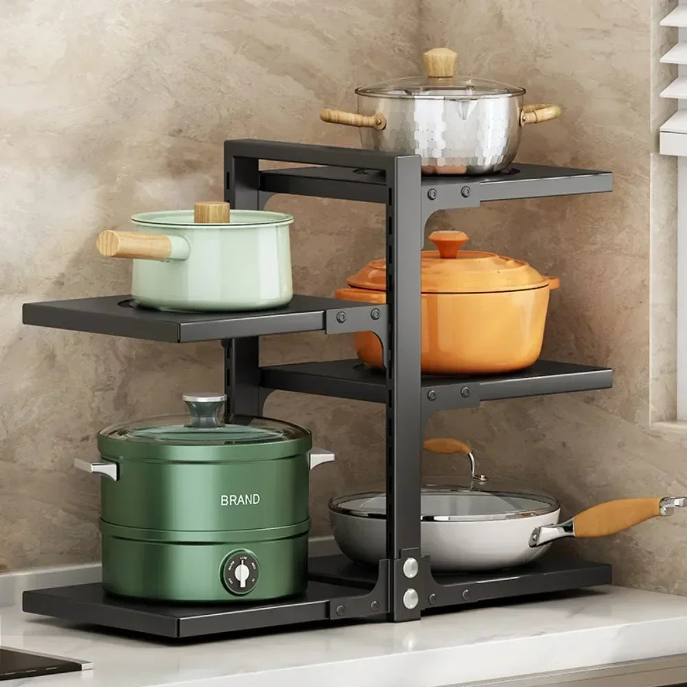 Multilayer Kitchen Under Sink Pot Holder Adjustable Frying Pan Rice Cooker Seasoning Storage Rack Metal Organizer Pot Rack