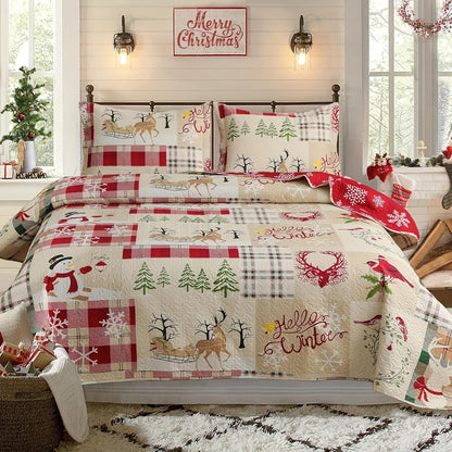 Christmas Quilt Cover Set Twin/Queen/King Size - Soft 100% Microfiber Lightweight Bedspread Coverlet with Festive Reindeer