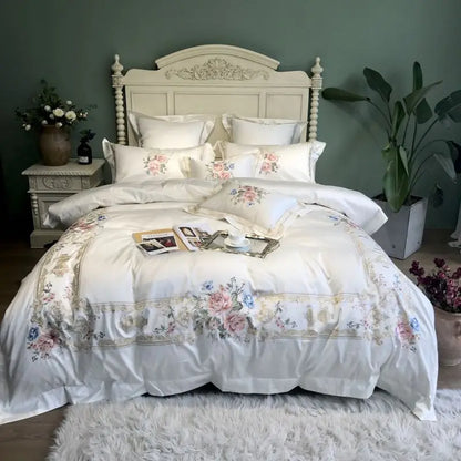 4/7Pcs White Luxury 1000TC Egyptian Cotton Flowers Embroidery Bedding Set Duvet Cover Bed Sheet/Fitted Bed Sheet Pillowcases