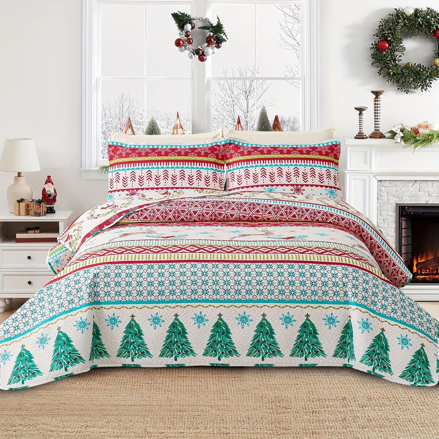Christmas Quilt Cover Set Twin/Queen/King Size - Soft 100% Microfiber Lightweight Bedspread Coverlet with Festive Reindeer