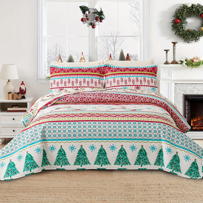 Christmas Quilt Cover Set Twin/Queen/King Size - Soft 100% Microfiber Lightweight Bedspread Coverlet with Festive Reindeer