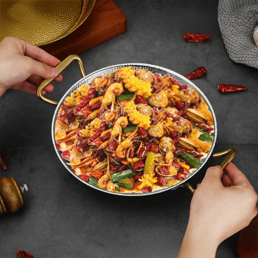 Stainless Steel Hammer Grain Seafood Paella Pan Binaural Handle Flat Bottom Seafood Rice Pot Gold/Silver Thickened Stock Pot