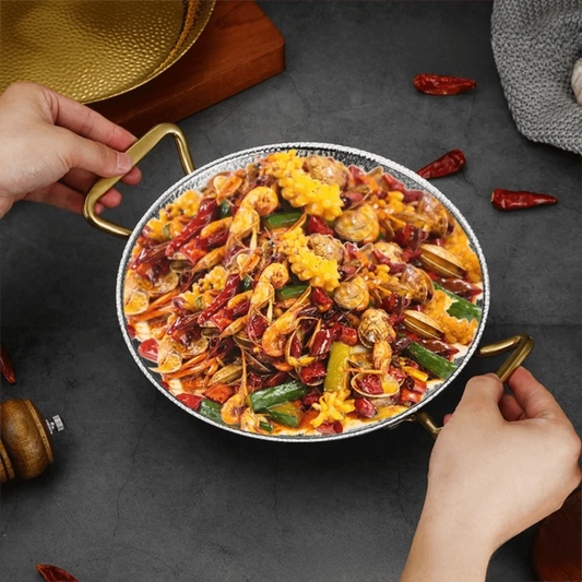 Stainless Steel Hammer Grain Seafood Paella Pan Binaural Handle Flat Bottom Seafood Rice Pot Gold/Silver Thickened Stock Pot