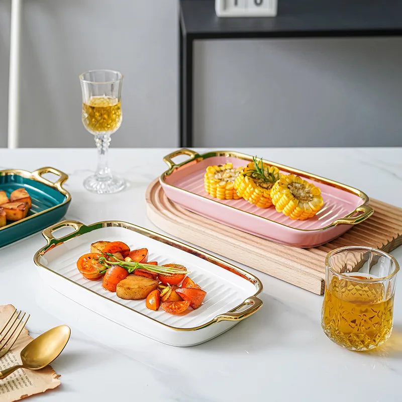 Binaural rectangular flat plate household ceramic tray snack board