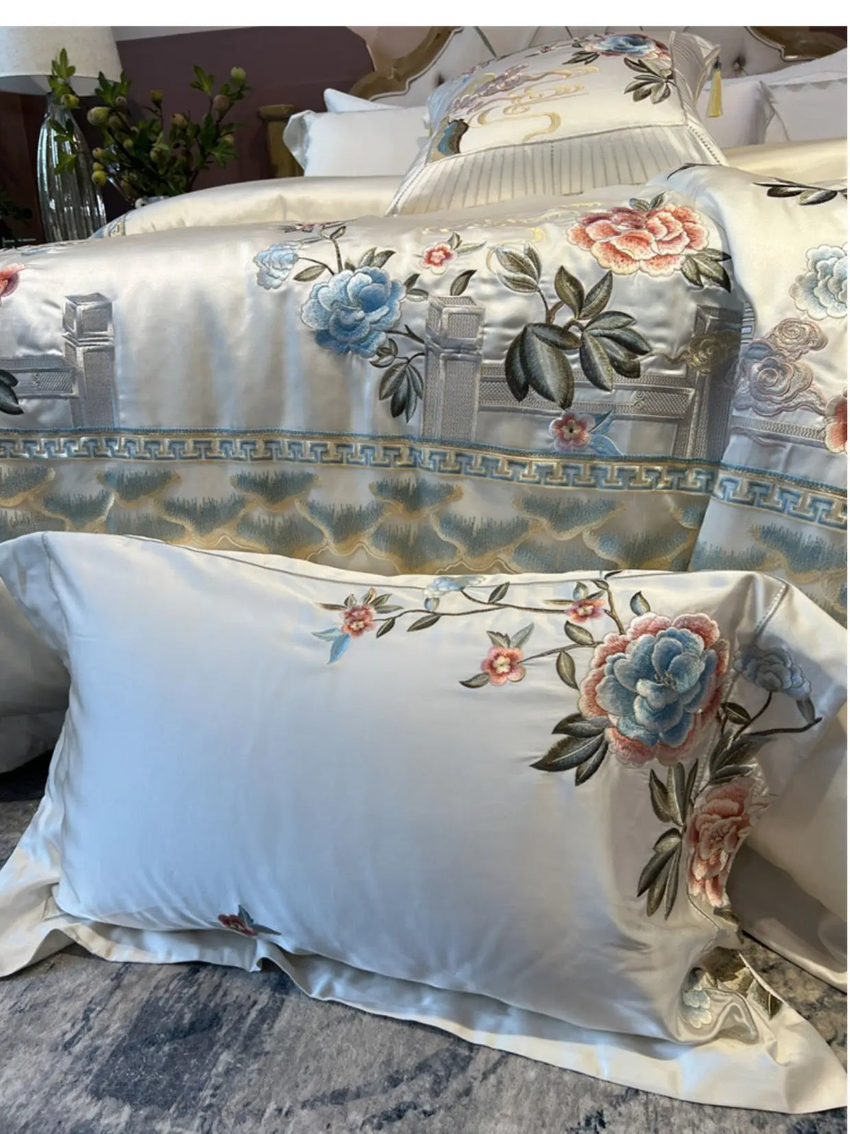 High Precision Brocade And Egyptian Cotton Peony Flowers Embroidered Bedding Set Duvet Cover Set Bed Sheet Bedspread Pillowcase