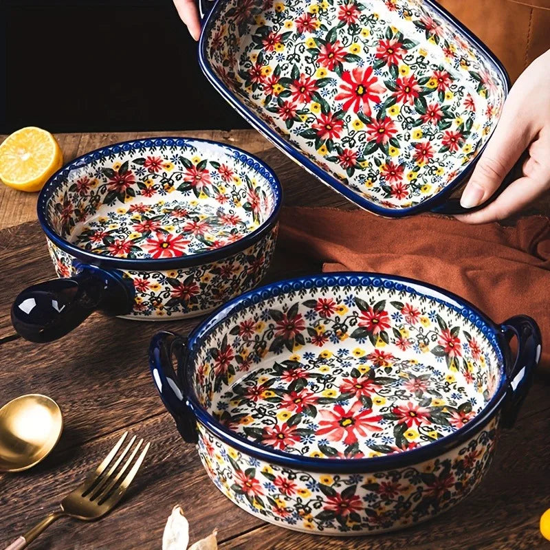 3-Piece Ceramic Baking Dish Set, Hand-Painted Floral Embossed Design, Oven & Microwave Safe Casserole for Cooking, Serving, Sala