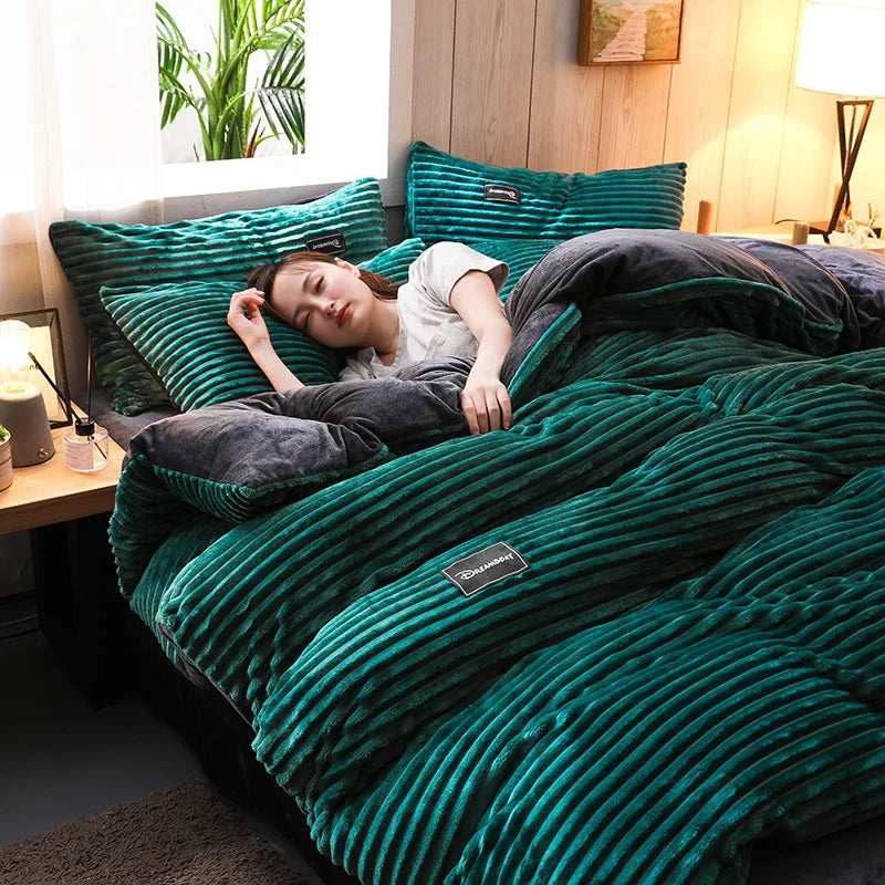 3pcs duvet cover Winter Warm Bedding sets Double Quilt Cover king Twin queen size bed thick Flano Coral Fleece with pillowscase