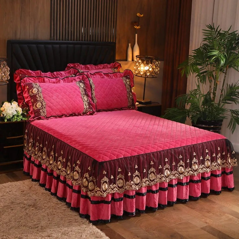 Luxury Lace Bed Skirt Bedspreads Bedding Thicken Velvet Plush Quilted Embossing Bed Spread for Home Not Including Pillowcase