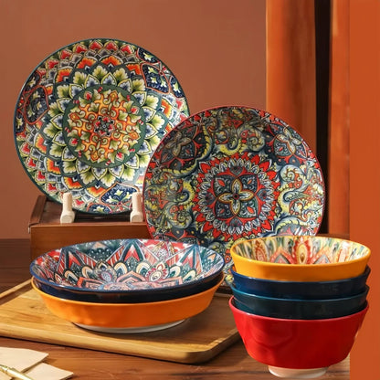 Bohemian ceramic plate 7-piece set cross-border high-value plate household new dessert plate underglazed plate spaghetti bowl