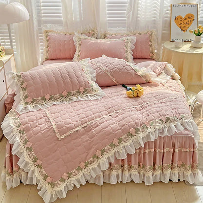 Pink Korean Princess Style Bedding Set Flowers Lace Ruffles Embroidery Quilted Thick Duvet Cover Bedspread Bed Skirt Pillowcases