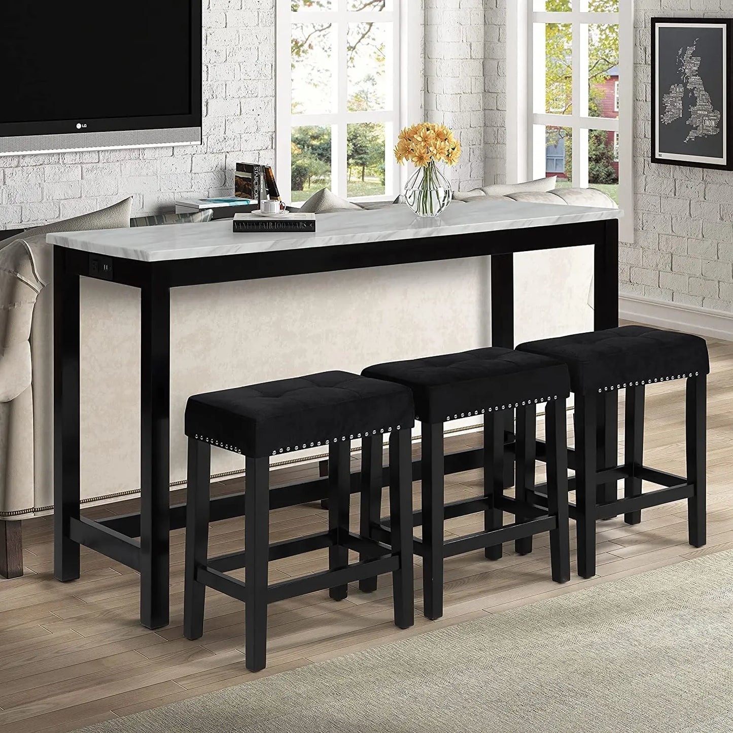 New Classic Furniture Celeste Faux Marble Theater Bar Table with 3 Bar Stool Set, Black Velvet with Black Base, Customized