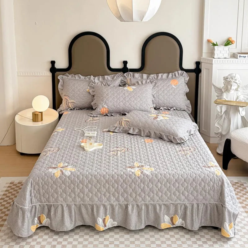Bonenjoy Bedspread Quilted Bed Cover Ruffles Mattress Protector Thicken Bed Linen Printed Sheets colchas (Pillowcase Need Order)