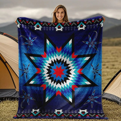 Native American Indian Style Quilted Flannel Blanket - All-Season Southwestern Tribal Bedspread with Star & Motifs Turquoise