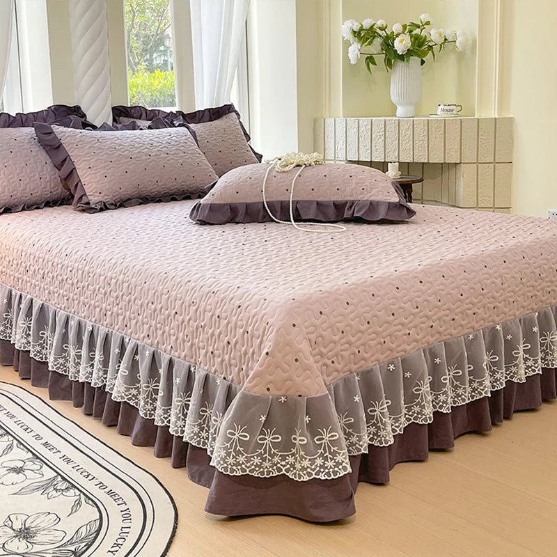 1pc Quilted Bedspread for Beds Thick Blanket with Lace Single/Queen/King Size Flower Printed Quilted Bed Cover Soft Bedspreads