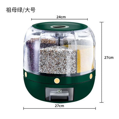 Rice bucket divided into grids, rotating, multi grid storage box for miscellaneous grains, household moisture-proof
