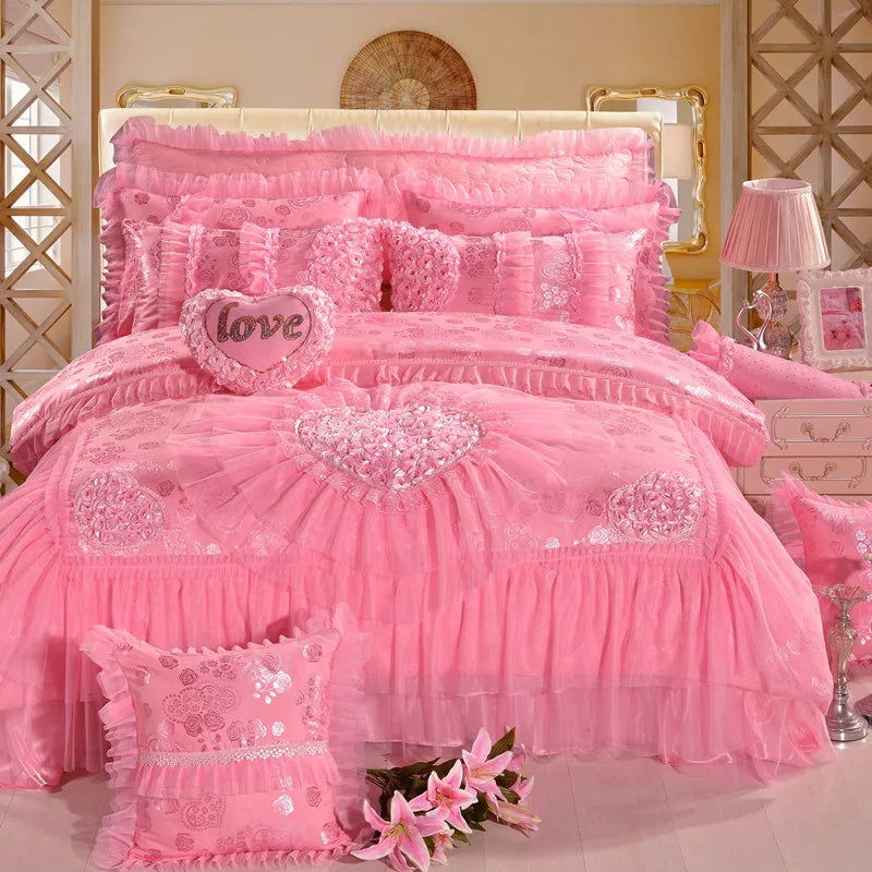 4/6/8pcs Red Pink Lace Princess Bedding Set Luxury Girls Wedding Bed Set Quilt Cover Bed Sheets Queen King Size 2025 New Design