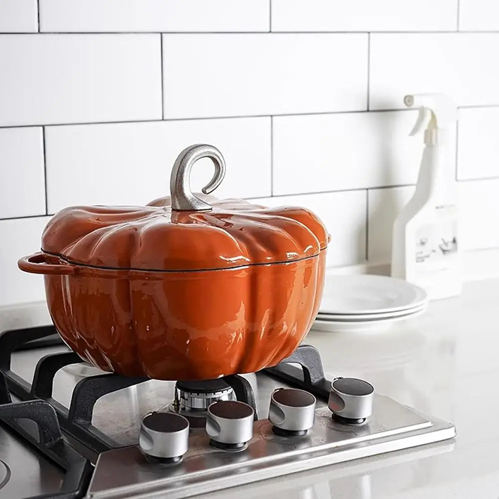 3.9 Quart Orange Pumpkin Dutch Oven, Cast Iron Enamel Pot with Lid, Non-Stick, Ideal for Stews and Soups, Serves 3-5, Perfect fo