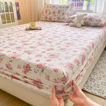 Floral Bed Sheets Set Fitted Sheet Non Slip Bedspread With Elastic Band Mattress Cover (With 1-2 Pillowcases) Double Bed Sheets