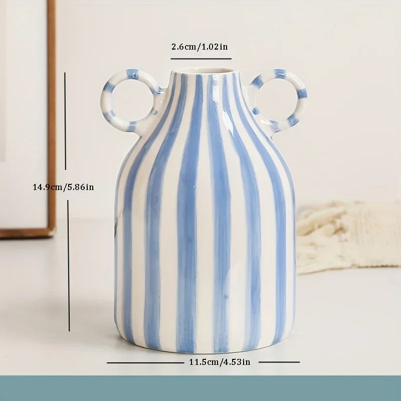 Decorative OrnamentsHand-Painted Ceramic Vase with Dual Handles - Striped, Cylinder Design for Living Room Decor, Earthenware