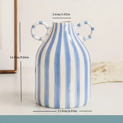 Decorative OrnamentsHand-Painted Ceramic Vase with Dual Handles - Striped, Cylinder Design for Living Room Decor, Earthenware