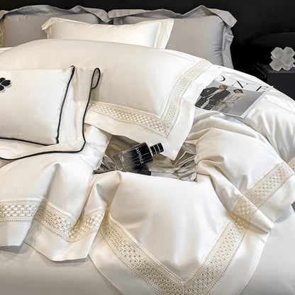 Egyptian Cotton Hollow Edge Luxury Bedding Set, White, Grey, Pink, Blue,1 Duvet Cover,2 Pillowcases,1 Flat Sheet Or Fitted Sheet
