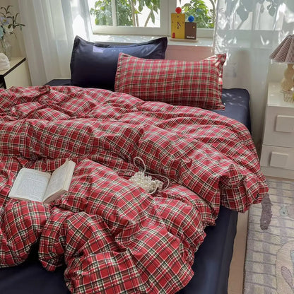 Black Red Grid Bedding Set Soft Quilt Duvet Cover No Filler Flat Sheet with Pillowcase Girls Boys Single Queen Size Home Textile