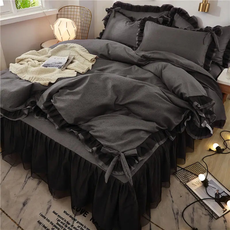 Korean Bed Skirt Bedding Sets with Ruffled Edges Thickened Princess Brushed Quilt Kit Solid Skin-Friendly Breathable Bedclothes