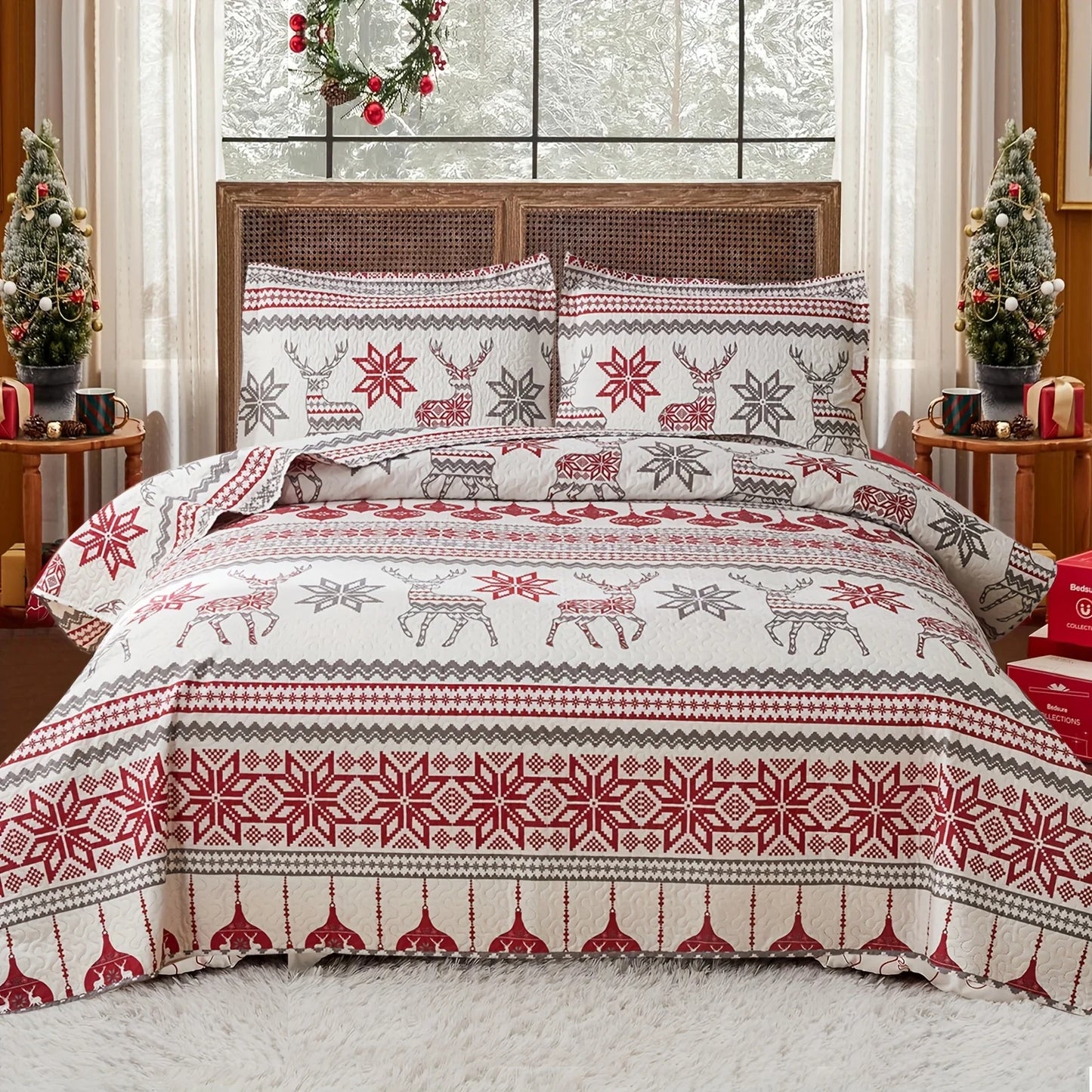 Christmas Quilt Cover Set Twin/Queen/King Size - Soft 100% Microfiber Lightweight Bedspread Coverlet with Festive Reindeer