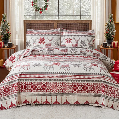 Christmas Quilt Cover Set Twin/Queen/King Size - Soft 100% Microfiber Lightweight Bedspread Coverlet with Festive Reindeer