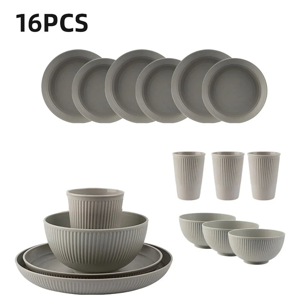 16Pcs Reusable Plastic Tableware Set Including Plates Bowls and Cups Suitable for Family Picnics and School Supplies