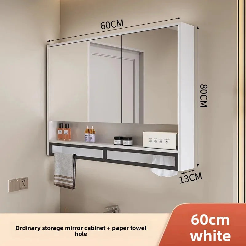 Bathroom Mirror Cabinet Wall Mounted LED Waterproof Aluminum Medicine Cabinet with Storage Shelf Towel Rod for Home Bathroom