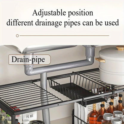 Double layered storage rack under sink - adjustable sliding rail with wire sliding pull, can store more things and save space