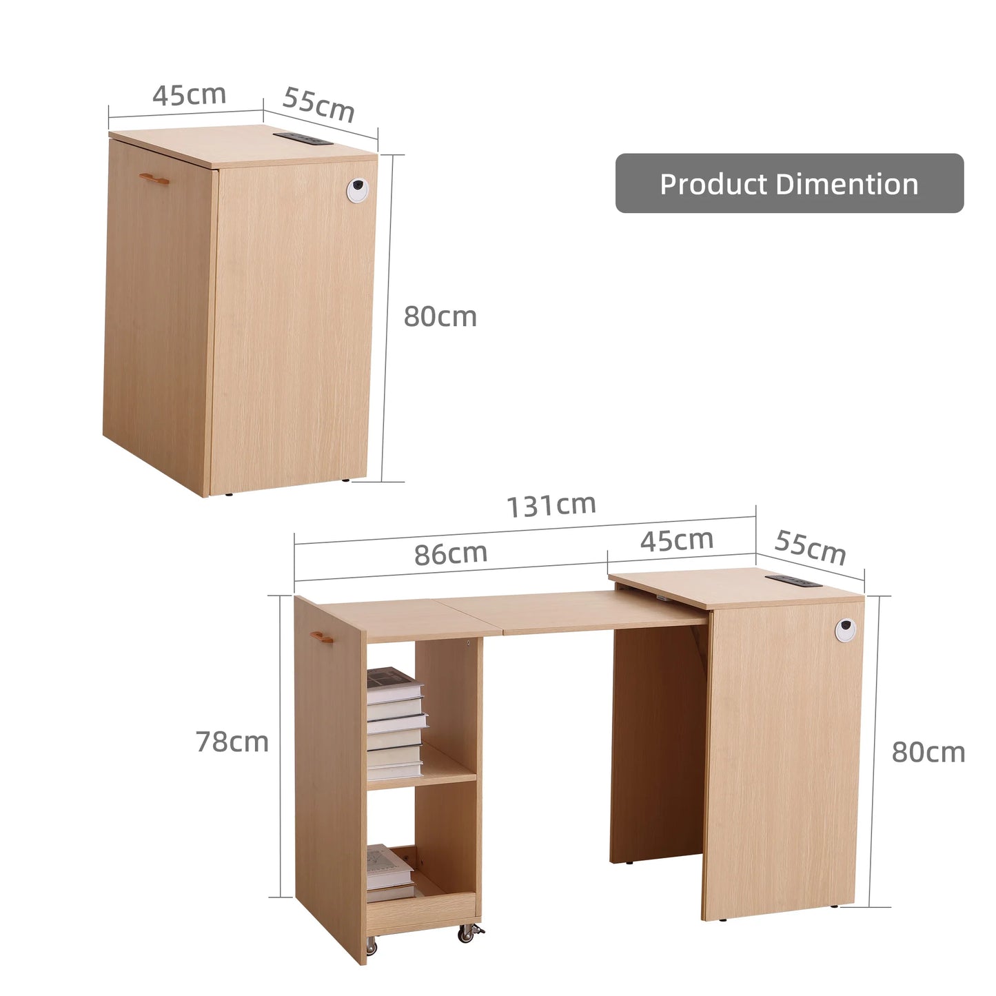 Modern Wooden Folding Desk with Power Outlet, Storage Shelves & Wheels - Extendable Mobile Writing Table for Home Office