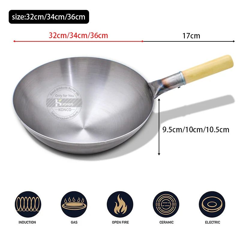 32/34/36cm Iron Wok Chinese Traditional Handmade Large Wok Household Cooking Pot Wooden Handle Wok Kitchen Cookware