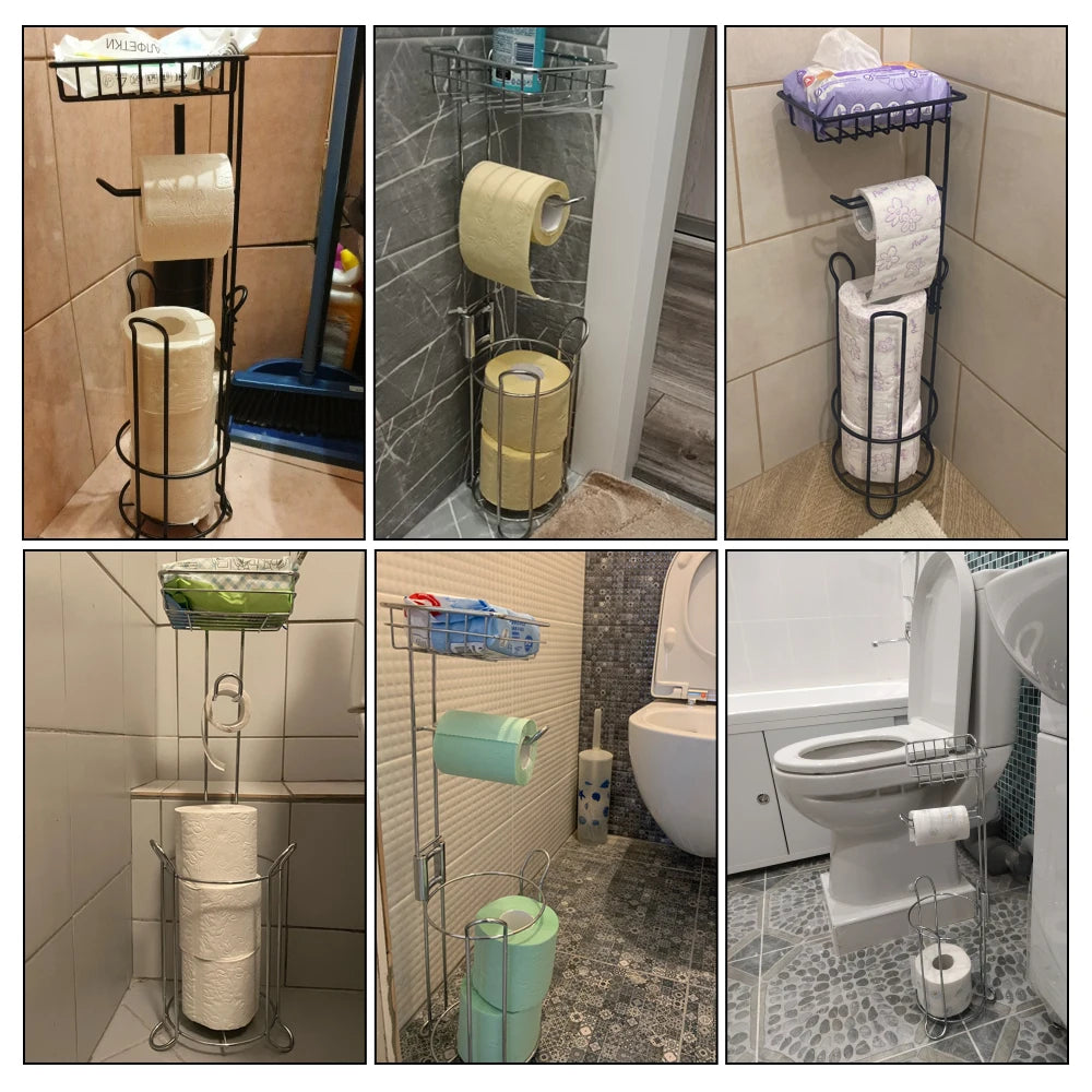 Bathroom Paper Roll Vertical Storage Basket Toilet Paper Holder Stainless Steel For Phone Tissue Multifunctional Storage Shelf