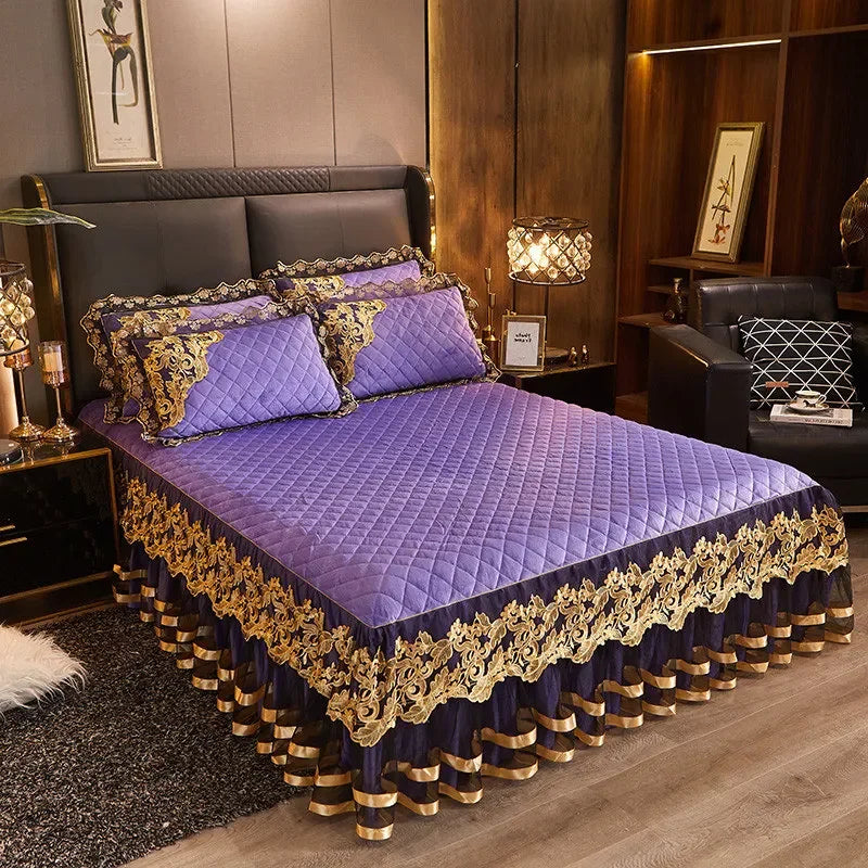 Gold Embroidery Velvet Quilted Thicken Bedspread Queen King Size Soft Warm Lace Ruffle Bed Skirt 2 Pillowcases 200x220 Green