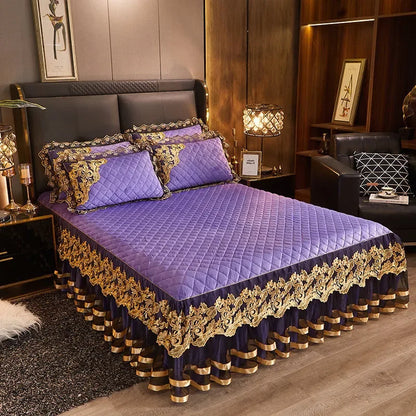 Gold Embroidery Velvet Quilted Thicken Bedspread Queen King Size Soft Warm Lace Ruffle Bed Skirt 2 Pillowcases 200x220 Green