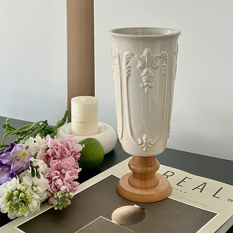 1PC French relief white creative ceramic wooden vase for living room, home and hotel decoration