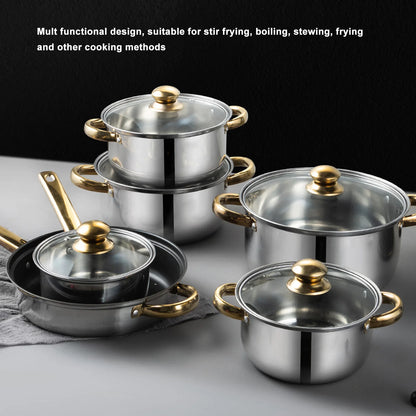 6 Sets Kitchen Pots Set Stainless Steel Golden Handle Smoothing Sturdy Durable Easy to Clean Cookware Set for Home Cooking Pots
