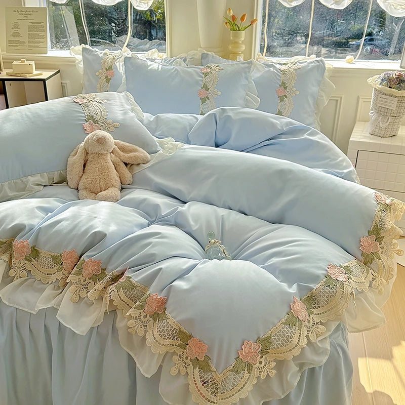 2026 New INS Princess Style Bedding Sets Ruffle Lace Bow Quilt Cover Romantic Bedclothes Woman Girls Bedroom Duvet Cover 4pcs